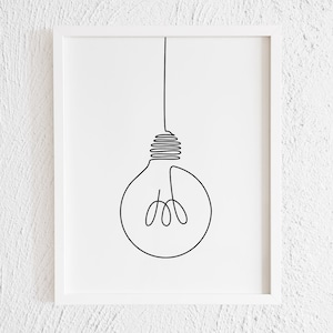 Lightbulb Doodle Print. Printable Minimalist Light bulb Drawing Interior Home Decor. One Line Electric Light Illustration Wall Art. Energy
