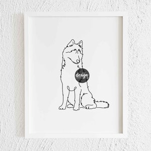 Impresión de dibujo de garabato sentado de Husky siberiano. Decoración de pared de contorno de arte de línea Husky moderna imprimible. Ilustración de perfil de perro minimalista