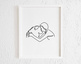 Dibujo lineal de una niña con un Golden Retriever. Decoración de pared moderna para imprimir. Ilustración minimalista de una niña abrazando a su perro.