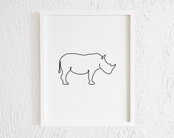 Impresión de garabatos de rinoceronte. Arte de pared de dibujo de rinoceronte minimalista imprimible de una línea. Decoración moderna de animales salvajes. Estilo escandinavo. Muro de la galería.