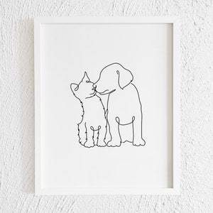Könnte beinhalten: Eine Schwarzweiß-Linienzeichnung eines Hundes und einer Katze, wobei der Kopf des Hundes auf dem Kopf der Katze ruht. Die Zeichnung ist in einem einfachen, minimalistischen Stil gehalten.