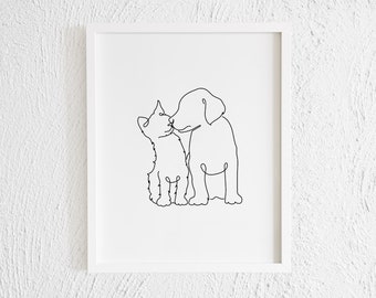 Baby Cat Kisses Labrador Retriever Puppy Drawing Doodle Print. Printable Dog Kitten Line Art Decor. Illustration. Animal Print. Pet Profile