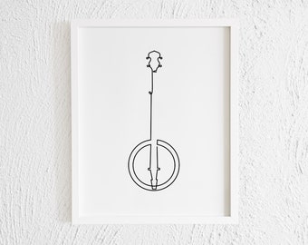 Impresión de dibujo de banjo. Decoración de pared de garabato de guitarra de cordón de banjo minimalista imprimible. Música moderna Instrumento Arte Clásico Folklore Salsa Merengue