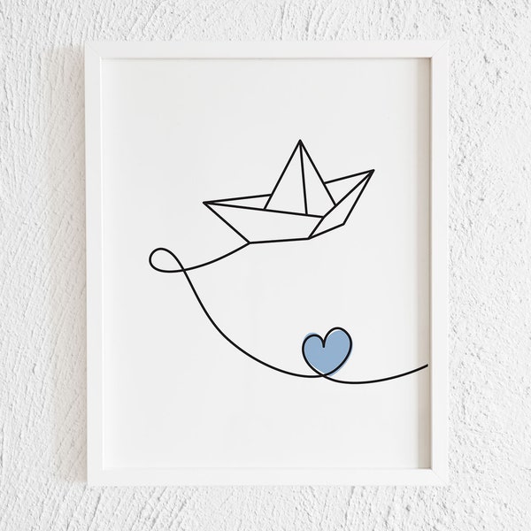 Papierboot mit blauem Herz Zeichnung Print. Druckbare minimalistisches Boot Doodle Wand-Dekor. Moderne Papierboot Galerie Wandkunst. Sofort Download