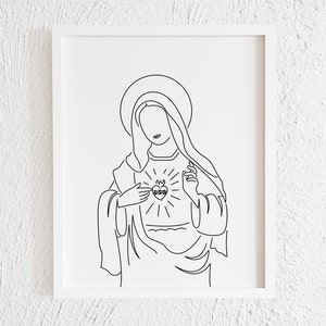 Immaculate Heart of Mary Doodle Print. Printable Minimalist Hail Virgin Mary Drawing Interior Home Decor. Catholic Religion Wall Line Art