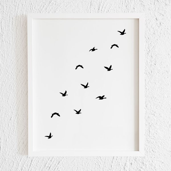 Flock of Birds print. Minimalist Flying Birds Wall Decor. Printable Black and White Modern Birds Art. Instant Download.