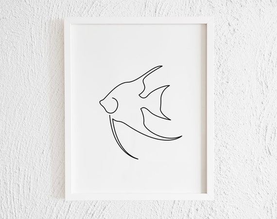 Angelfish Doodle Print. Printable Minimalist One Line Art Fish