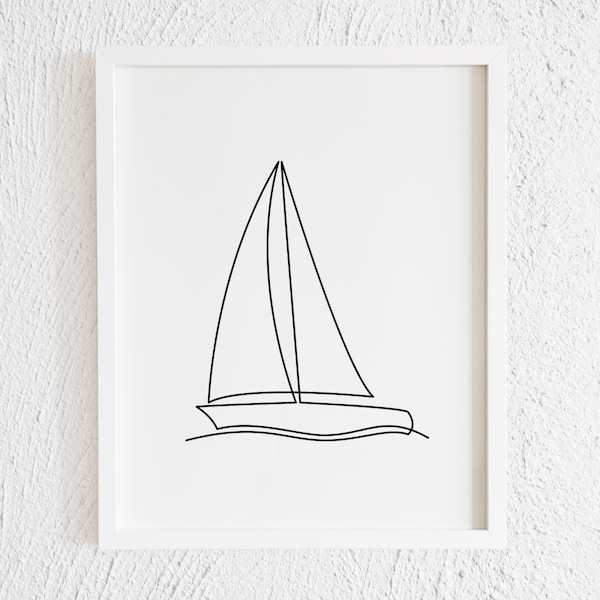 Sail Boat One Line Drawing Print. Printable Minimalist Sailing Boat Doodle Wall Decor. Modern Boat Gallery Wall Art. Instant Download