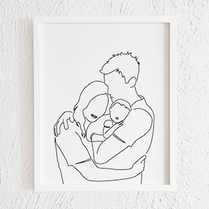 Mother Father and Baby Portrait Doodle Print. Minimalist Female Art. Printable Parents Child Bond. Woman Silhouette Illustration. Drawing