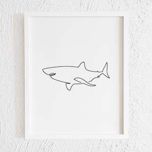 Shark Doodle Print. Shark line Art Drawing Wall Decor. Printable Nautical Aquatic Illustration. Minimalist Modern Fish. Black and White