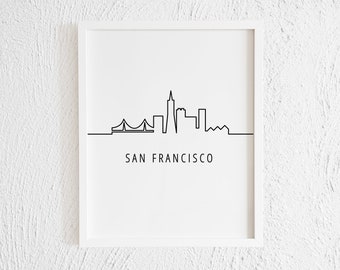 Impresión de garabatos del horizonte de la ciudad de San Francisco. Dibujo minimalista de una línea para decoración de pared del hogar. Impresión de arte de línea de ciudad moderna en blanco y negro.