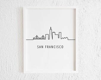 San Francisco City Skyline Doodle Print. Minimalist Drawing One Line City Sight Home Wall Decor. Modern Black and White City Line Art Print.