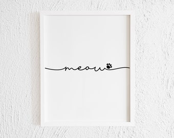 Cat Meow Paw Drawing Doodle Wall Art Print. Printable Modern Paw Illustration Decor. Minimalist One Line Paw Print. Pet Corner. Living Room.