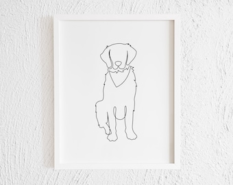 Golden Retriever met Bandana Line Art tekening afdrukken. Afdrukbare moderne Labrador Doodle wanddecoratie. Minimalistische hondenprofielillustratie