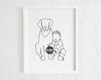 Baby Girl Hugs Golden Retriever Line Art Print. Printable Modern Labrador Toddler Doodle. Minimalist Dog Pet Profile Drawing Illustration