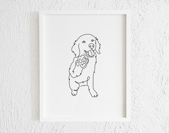 Golden Retriever Paw up Line Art Drawing Print. Printable Modern