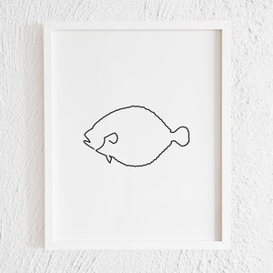 Saltwater Flounder Fish Doodle Print. Printable Minimalist One Line Art Wall Decor. Modern Sea Animal Outline Sketch Illustration Aquatic