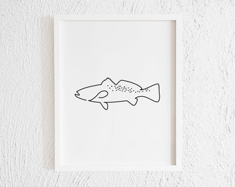 Saltwater Trout Fish Doodle Print. Printable Minimalist One Line Art Fish Wall Decor. Modern Sea Animal Outline Sketch Illustration Aquatic