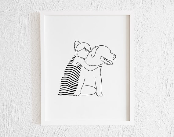 Girl Hugging Labrador Retriever Line Art Print. Printable Modern