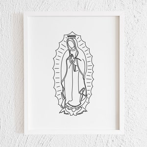 Impresión de garabatos de Nuestra Señora de Guadalupe. Dibujo minimalista imprimible de la Virgen de Guadalupe para decoración de interiores. Ilustración católica para pared con arte lineal