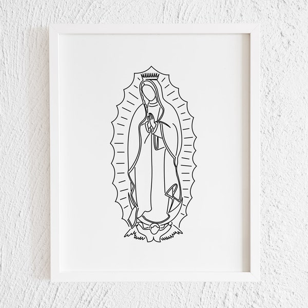 Impresión de garabatos de Nuestra Señora de Guadalupe. Imprimible Minimalista Virgen Guadalupe Dibujo Interior Decoración del Hogar. Ilustración católica arte lineal de pared