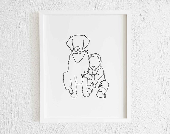 Baby Hugs Golden Retriever Line Art Print. Printable Modern Labrador  Toddler Doodle Wall Decor. Minimalist Dog Pet Drawing Illustration.