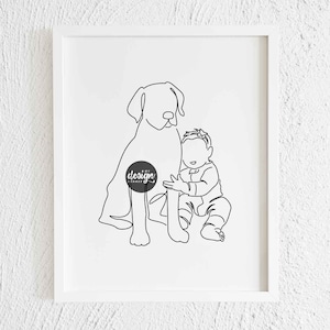 Baby Girl Hugs Labrador Line Art Print. Printable Modern Labrador Retriever Toddler Doodle Decor. Minimalist Dog Pet Drawing Illustration.