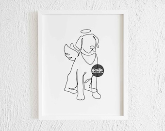 Labrador Retriever with Bandana Halo Wings Line Art Drawing. Printable Modern Lab Doodle Wall Decor. Minimalist Dog Line Art Illustration