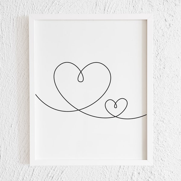 2 Hearts Line Art Print. Minimalist  Heart Doodle Wall Decor. Printable Modern Valentine's Art. Scandinavian Love Poster Sign Artwork