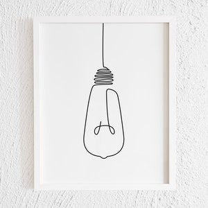 Lightbulb Doodle Print. Printable Minimalist Light bulb Drawing Interior Home Decor. One Line Electric Light Illustration Wall Art. Energy