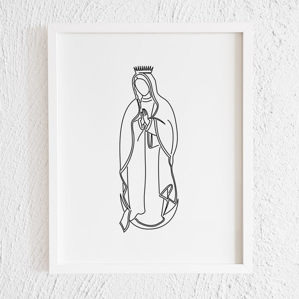 Holy Virgin Mary Doodle Print. Printable Minimalist Our Lady of Guadalupe Drawing Interior Home Decor. Virgen Illustration Wall Line Art