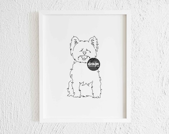 Yorkshire Smiling Line Art Print. Printable Shih Tzu Dog Profile Doodle Drawing Wall Decor. Minimalist Yorkie Puppy Pet Illustration Sketch