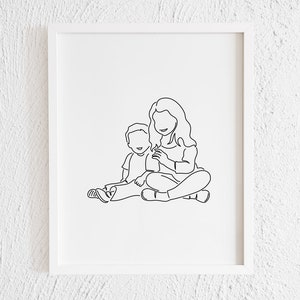 Impresión de garabatos de retrato de hermana mayor con hermano pequeño. Vínculo infantil minimalista imprimible. Ilustración de silueta de niños. Hermanos Dibujo