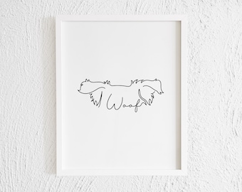 Australian Shepherd Ears Woof One Line Art Print. Printable Modern Aussi Drawing Doodle Wall Decor. Minimalist Dog Profile Art Illustration