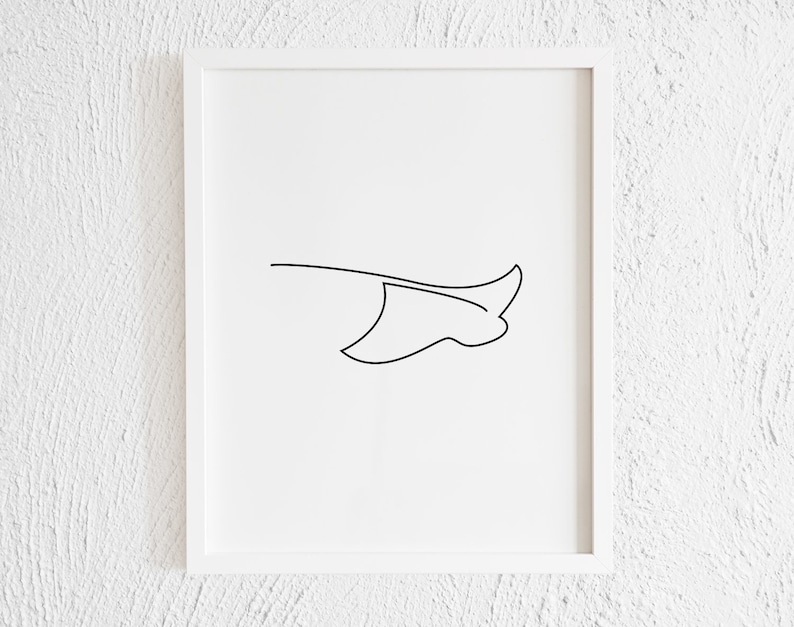 Impresión de garabatos de mantarraya. Decoración de pared minimalista imprimible de una línea de arte Stingray. Ilustración de boceto de contorno de animales marinos modernos para acuario acuático imagen 1