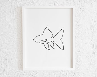 Stampa scarabocchio di pesci rossi. Decorazione da parete a forma di pesce minimalista stampabile con una linea artistica. Illustrazione dello schizzo del contorno degli animali marini moderni Acquatici. Acquario