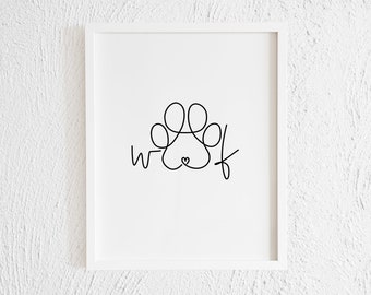 Minimalist Dog Woof Paw Drawing Doodle Wall Art Print. Printable Modern Paw Illustration Decor. One Line Paw Print. Pet Corner. Living Room.