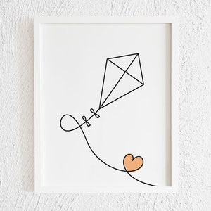 Kite With Orange Heart Drawing Print. Printable Minimalist Kite Doodle Wall Decor. Modern Flying Kite Gallery Wall Art. Digital Print.