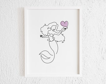 Mermaid with Purple Heart Line Art Print. Girl Mermaid Drawing Nursery Decor. Printable Minimalist Modern Fish Nautical Aquatic Illustration