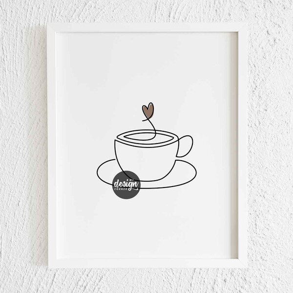 Cup of Coffee with a Heart Doodle Print. Printable Minimalist Coffee Drawing Interior Home Decor. One Line Cafe Illustration Wall Art