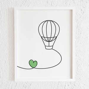 Scarabocchio di mongolfiera con stampa a forma di cuore verde. Disegno minimalista di aeroplani da parete. Illustrazione di mongolfiera stampabile, idea regalo.