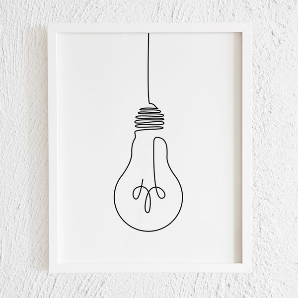 Lightbulb Doodle Print. Printable Minimalist Light bulb Drawing Interior Home Decor. One Line Electric Light Illustration Wall Art. Energy