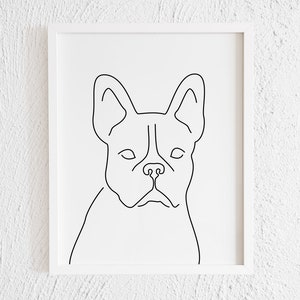 Stampa di un disegno a tratteggio con faccia di bulldog francese. Decorazione murale con scarabocchio moderno in bianco e nero stampabile, illustrazione artistica minimalista con faccia di cane