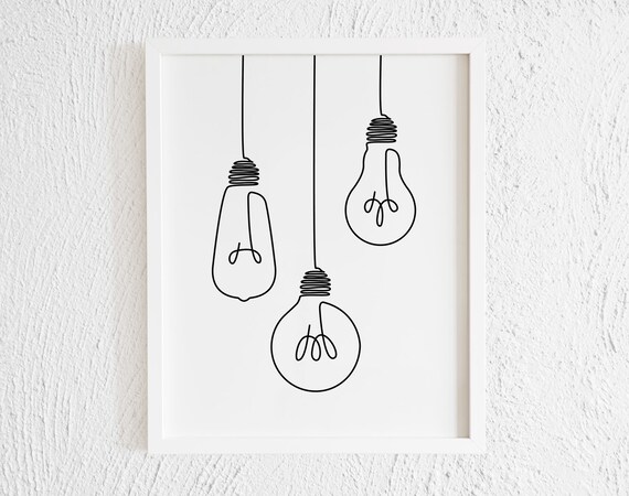 Lightbulbs Doodle Print. Printable Minimalist Trio Light bulb Drawing Interior Home Decor. One Line Electric Light Illustration Wall Art