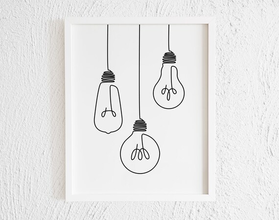 Lightbulbs Doodle Print. Printable Minimalist Trio Light bulb Drawing  Interior Home Decor. One Line Electric Light Illustration Wall Art