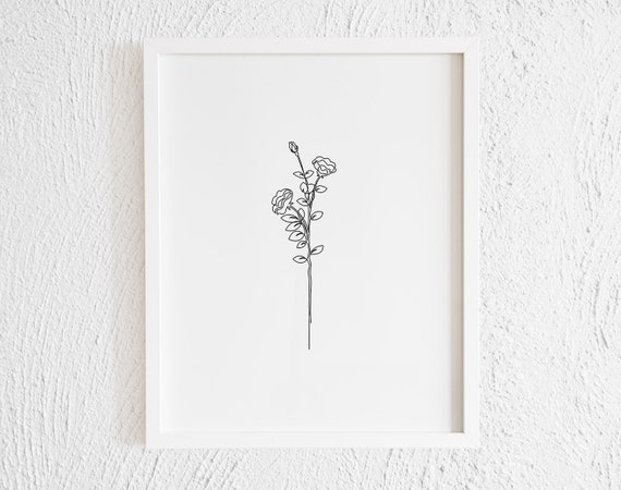 Flower Stem Thin Line Art Print. Minimalist Flowers Doodle