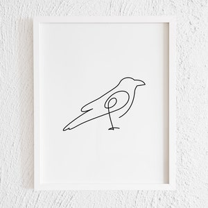 Raven Doodle Print. Minimalistyczny wystrój ścienny z rysunkiem kruka. Nowoczesny obraz Raven Bird One Line Art do wydrukowania. Abstrakcyjna sylwetka. Cuervo Corvus