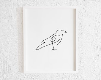 Stampa scarabocchio corvo. Decorazione da parete con disegno minimalista di corvo. Immagine artistica stampabile di una riga di un uccello corvo moderno. Siluetta astratta. Cuervo Corvus