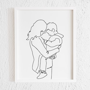 Mom Carrying Son Portrait Doodle Print. Minimalist Family Art. Printable Parent Child Bond. Woman Silhouette Illustration. Mother Drawing