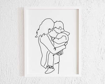 Impression de griffonnage de portrait de maman portant son fils. Art familial minimaliste. Lien parent-enfant imprimable. Illustration De Silhouette De Femme. Mère Dessin